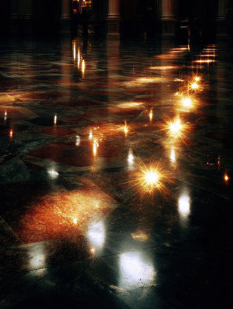 Soft light creates sparkling reflections on a polished floor, enhancing the tranquil atmosphere of the evening.の素材