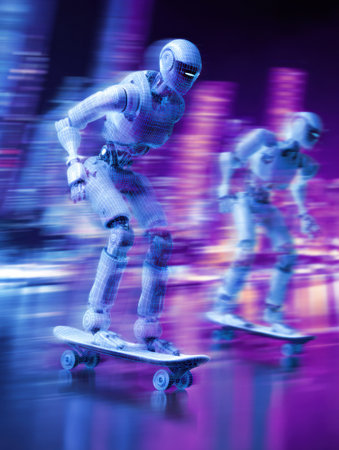 Two humanoid robots skateboard quickly on city streets during the night. Lights blur with speed.の素材