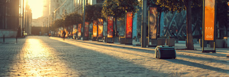 A delivery robot moves through a quiet urban street lined with colorful banners, basking in the warm glow of sunset.の素材
