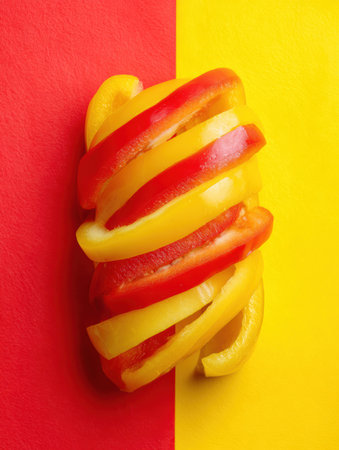 Sliced yellow and red peppers arranged creatively on a vibrant red and yellow background, showcasing culinary artistry.の素材