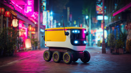 An autonomous delivery robot navigates through a vibrant city street filled with neon lights and lively surroundings.の素材