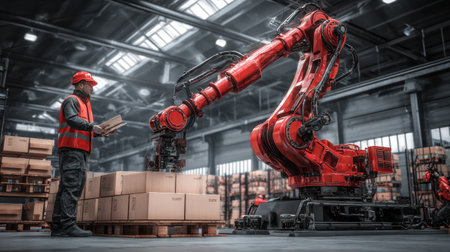 A worker supervises a robotic arm as it organizes packaged goods in a busy warehouse setting.の素材