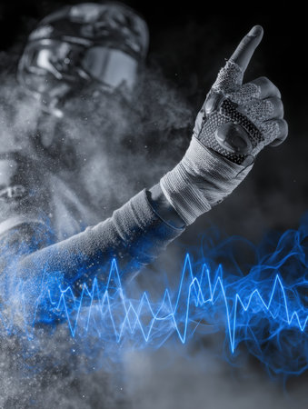 Athlete celebrates victory with one hand raised, enveloped in colorful smoke and sound waves.の素材