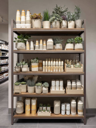 are filled with merchandise including potted plants and candles for sale in a retail store shelves environment.の素材