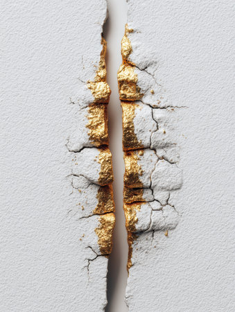 A close-up of a wall crack highlights textures and gold, blending beauty with damage in modern decor.の素材