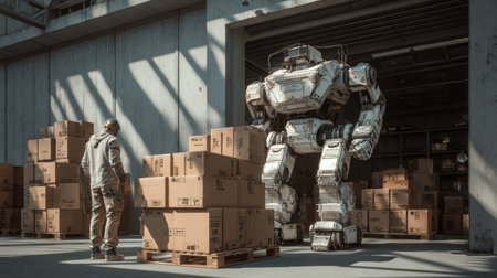 A large robot and a person stand in a warehouse filled with cardboard boxes, showcasing teamwork and innovation.の素材