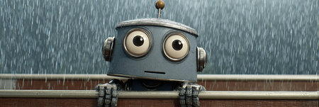 A curious robot peers out from a wooden ledge, observing raindrops fall in a cozy environment filled with warmth.の素材