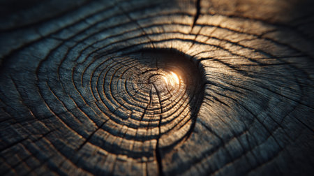 Close-up of a tree ring highlights natural patterns, with warm light illuminating a knot in the wood.の素材