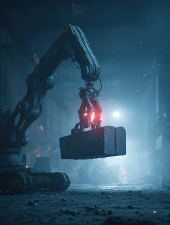 A robotic arm lifts a heavy block in a misty, dark industrial setting with blue lighting.の素材