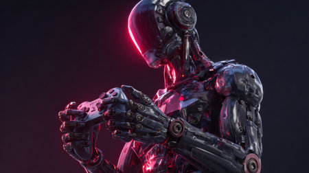 A sleek, glowing robot plays a video game, highlighting modern tech and entertainment fusion.の素材