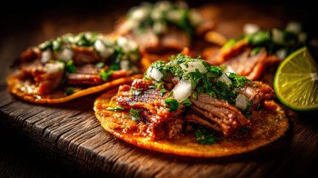 Tasty tacos featuring seasoned beef, fresh onions, and cilantro served with lime on a rustic wooden table.の素材