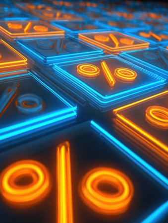 Bright orange and blue percentage signs glow on a dark background, creating a striking contrast.の素材