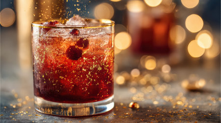 A ruby red cocktail is garnished with cranberries, edible gold flakes, and ice. Bokeh lights create a festive backdrop.の素材