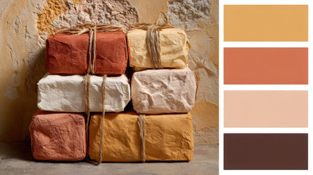 Stacked paper packages in earthy colors rest on a surface, tied with twine, creating a harmonious and rustic display.の素材