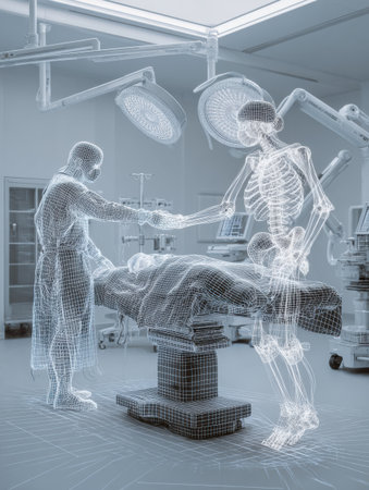 Surgeons operate in a high-tech room, using a holographic skeleton to assist with a complex procedure on a patient.の素材