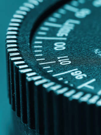 Close-up view revealing the intricate details of a mechanical gauge with precise scale markings displayed in cool tones.の素材