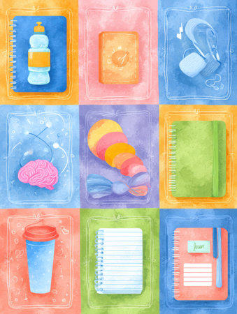 Colorful layout showcases notebooks, a water bottle, and a brain illustration for study and wellness essentials.の素材