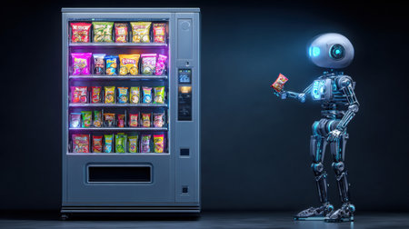 A robot interacts with a high-tech vending machine filled with various snack items in a dark setting.の素材