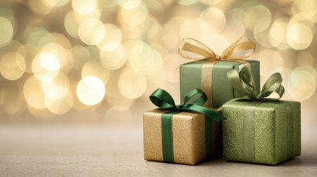Three beautifully wrapped presents in green and gold sit against a sparkling backdrop, evoking a joyful holiday spirit.の素材