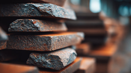 Stacked rough metal pieces create a textured composition. Industrial aesthetic with blurred background adds depth.の素材