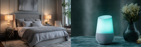A stylish bedroom with soft colors and a glowing bedside speaker creates a relaxing atmosphere.の素材