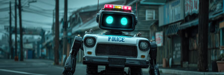 A robotic police officer is on patrol while the street remains deserted during the evening hours.の素材