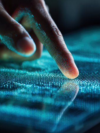 A finger gently touches a luminous digital screen displaying complex data patterns in vibrant colors and textures.の素材