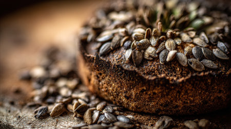 A unique cake adorned with various seeds, set on a rustic wooden background, highlighting its earthy and organic appeal.の素材