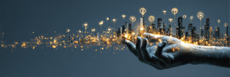 Hand holds a vibrant digital skyline with light signals representing data flow and connectivity in an urban setting.の素材
