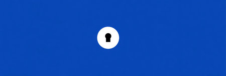 A bright blue backdrop features a white circle with a black keyhole symbolizing security and privacy.の素材
