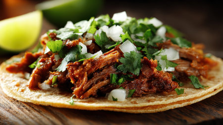 Serving of flavorful taco with savory pulled meat, fresh herbs, and onions ready to enjoy alongside lime wedges.の素材
