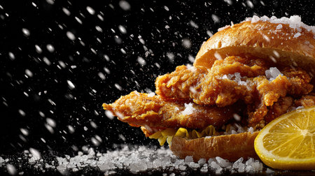 A yummy fried chicken sandwich with lemon and sea salt stands out against falling snow on a dark background.の素材