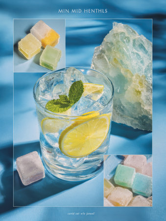 A glass filled with ice, lemon slices, and mint sits on a blue surface, accented by colorful ice cubes nearby.の素材
