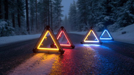 Warning triangles illuminated in orange and blue on a snow-covered road among tall trees during a foggy evening.の素材