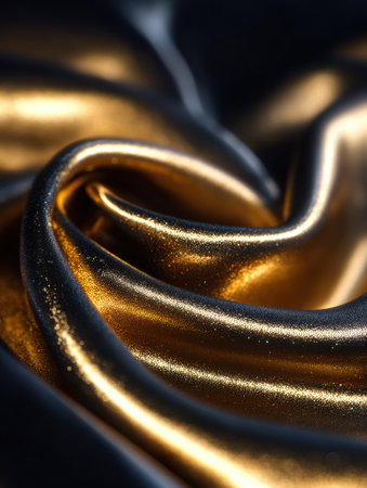 Elegant black and gold satin fabric with shiny reflections and deep folds, ideal for luxury projects.の素材