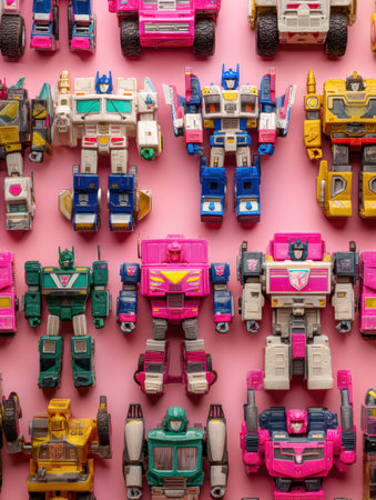 Bright vintage robot toys in unique shapes displayed neatly against a pink background.の素材