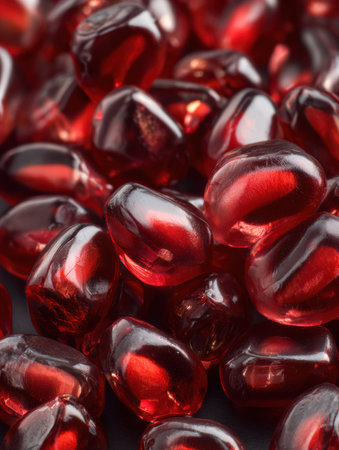 A detailed close-up shows numerous juicy pomegranate seeds, highlighting their translucent quality and vibrant red hue.の素材