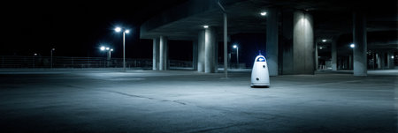 A security robot surveys an empty parking garage, illuminated by streetlights in the dark night.の素材