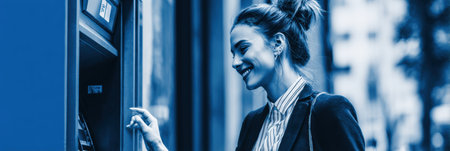 Businesswoman smiles while interacting with an ATM on a city street, showing a moment of convenience and positivity.の素材