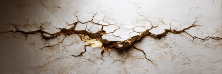 Intricate cracks on a white wall reveal a striking gold-accented design, showcasing artistry in soft light.の素材