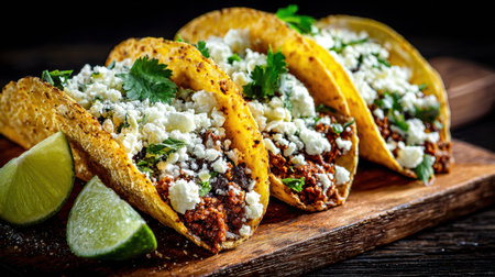 Three mouthwatering tacos filled with a savory mixture, topped with fresh cilantro and cheese, served with lime wedges.の素材