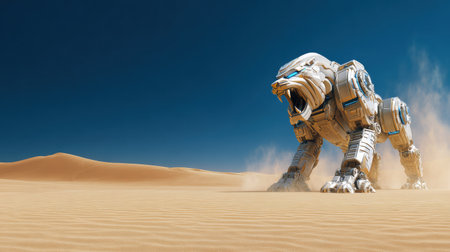 A robotic lion emerges from the sandy terrain, showcasing advanced design and technology against an open sky.の素材