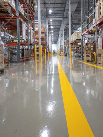 Well-maintained warehouse with a polished floor, bright lights, and neatly arranged shelves filled with goods.の素材