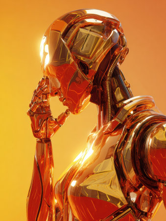 A metallic humanoid robot stands still against a warm gradient background, hand on its head in a thoughtful pose.の素材