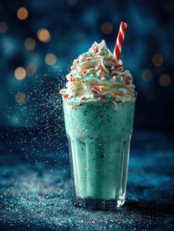 A refreshing minty holiday shake decorated with whipped cream and festive candy canes sits on a sparkling blue table.の素材
