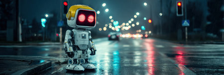 A small robot with bright eyes stands still on a rainy night street, surrounded by colorful reflections.の素材