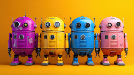 Four distinct robots stand in a row, each featuring a vibrant color and unique design elements, capturing attention.の素材