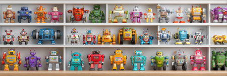 Brightly colored vintage toy robots fill shelves, showing playful designs in a cheerful display.の素材