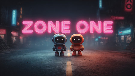 Two small robots are located in a dimly lit city setting, illuminated by bright neon lights that say Zone One.の素材