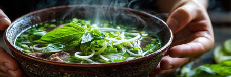 A person holds a warm bowl of noodle soup, fragrant with herbs, ready to be enjoyed in a relaxing environment.の素材